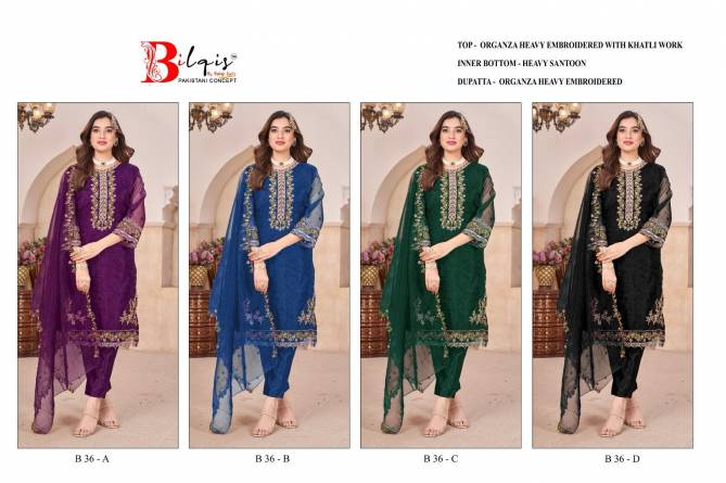 B 36 A To D By Bilqis Embroidery Organza Pakistani Suits Wholesale Shop In Surat
